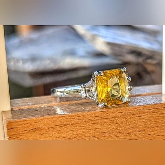 Canary Yellow Asscher Cut 3 Stone Engagement Ring 10, 6 - Picture 3 of 3